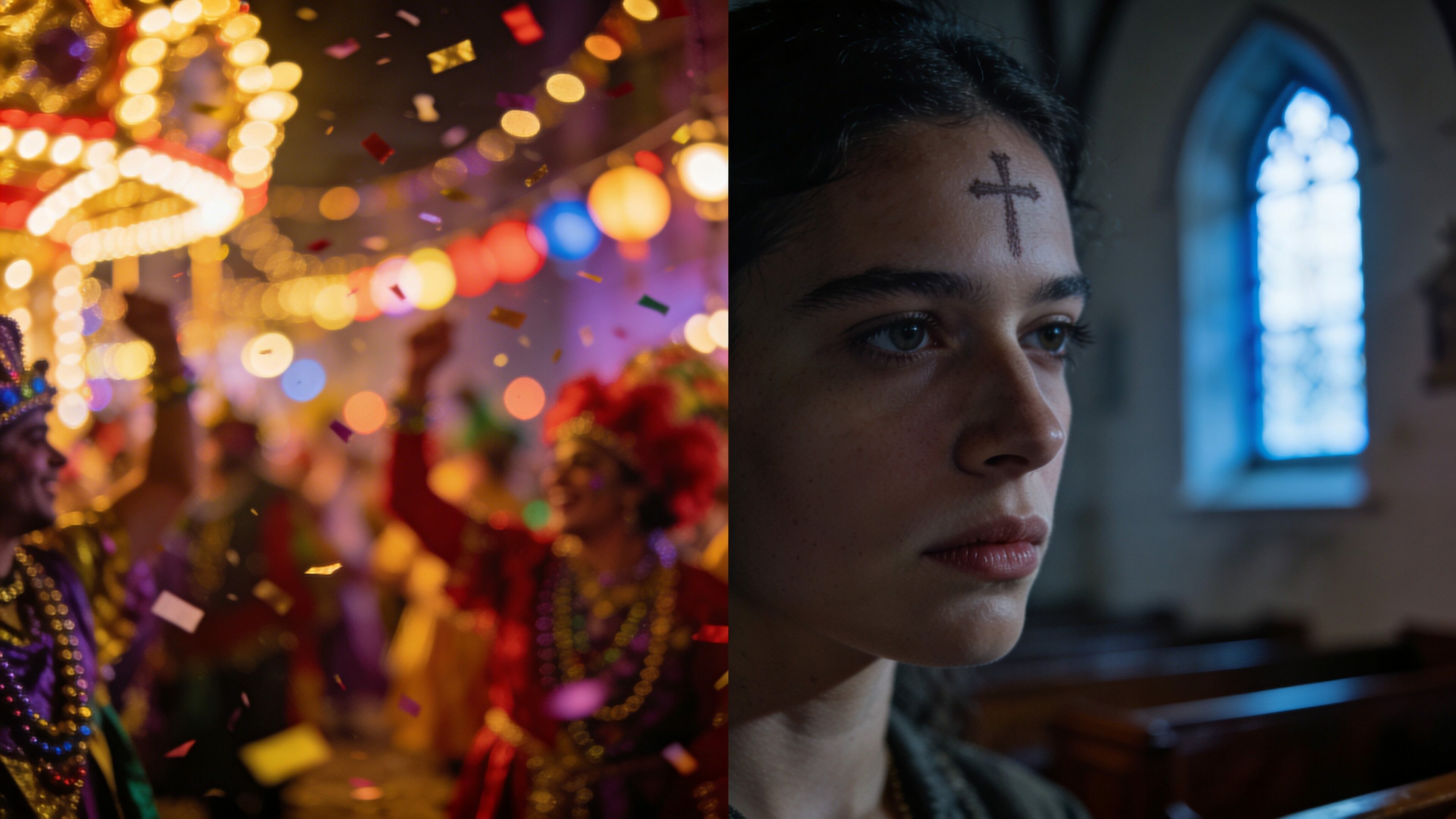 mage symbolique illustrant le contraste entre Mardi gras et le Mercredi des Cendres, entre fête et réflexion spirituelle.